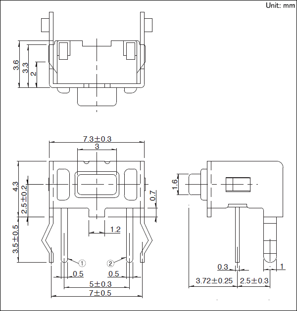 7.3×6.72×4.3mm Side push taktafbrydere 0.98N