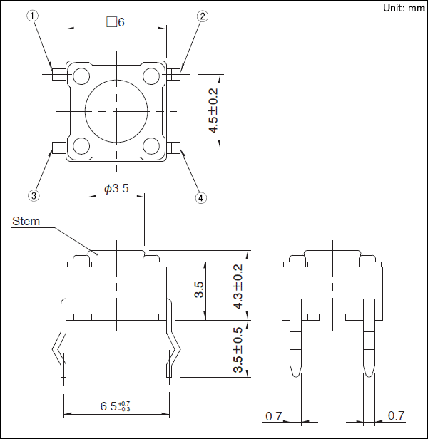 6.0×6.0×4.3mm inceliğini anahtarları 0.98N